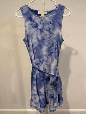 Michael Kors Blue Tie-Dye Sleeveless Mini Dress with Self-Tie Waist Medium